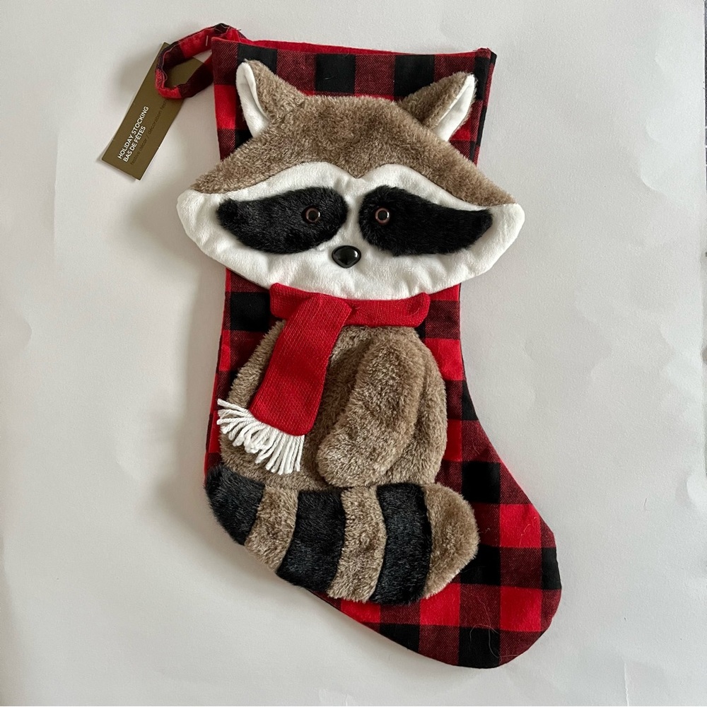 Plaid Raccoon Christmas Stocking